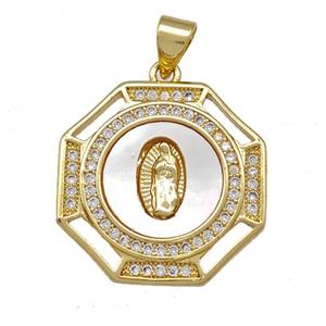 Jesus Charms Copper Octangle Pendant Pave Shell Zirconia 18K Gold Plated, approx 20mm [FN42038]