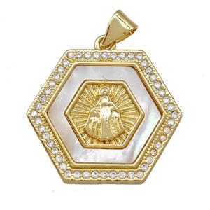 Virgin Mary Charms Copper Hexagon Pendant Pave Shell Zirconia 18K Gold Plated, approx 21-24mm [FN42039]