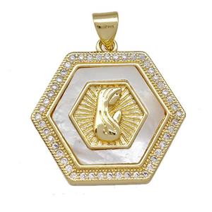 Virgin Mary Prayer Copper Hexagon Pendant Pave Shell Zirconia 18K Gold Plated, approx 21-24mm [FN42040]