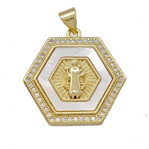 Jesus Charms Copper Hexagon Pendant Pave Shell Zirconia 18K Gold Plated, approx 21-24mm [FN42041]