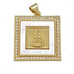 Virgin Mary Charms Copper Square Pendant Pave Shell Zirconia 18K Gold Plated, approx 22x22mm [FN42043]