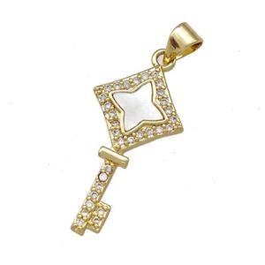 Copper Key Pendant Pave Shell Zirconia 18K Gold Plated, approx 14-25mm [FN42049]