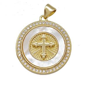 Copper Circle Pendant Pave Shell Zirconia Cross 18K Gold Plated, approx 22mm [FN42054]