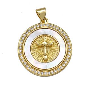 Copper Circle Pendant Pave Shell Zirconia Cross 18K Gold Plated, approx 22mm [FN42055]