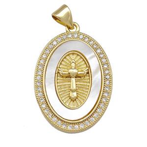 Copper Oval Pendant Pave Shell Zirconia Cross 18K Gold Plated, approx 18-25mm [FN42058]