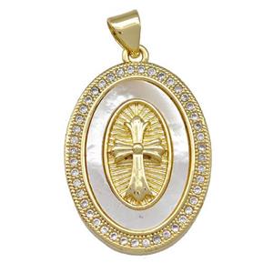 Copper Oval Pendant Pave Shell Zirconia Cross 18K Gold Plated, approx 18-25mm [FN42059]