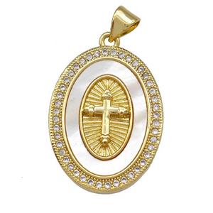 Copper Oval Pendant Pave Shell Zirconia Cross 18K Gold Plated, approx 18-25mm [FN42060]