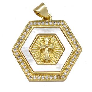Copper Hexagon Pendant Pave Shell Zirconia Cross 18K Gold Plated, approx 21-24mm [FN42061]