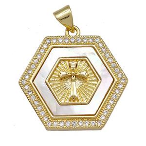 Copper Hexagon Pendant Pave Shell Zirconia Cross 18K Gold Plated, approx 21-24mm [FN42063]