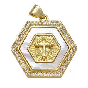 Copper Hexagon Pendant Pave Shell Zirconia Cross 18K Gold Plated, approx 21-24mm [FN42065]