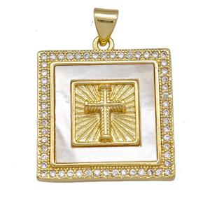 Copper Square Pendant Pave Shell Zirconia Cross 18K Gold Plated, approx 22x22mm [FN42067]