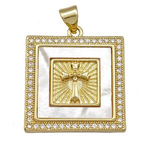 Copper Square Pendant Pave Shell Zirconia Cross 18K Gold Plated, approx 22x22mm [FN42069]
