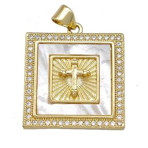 Copper Square Pendant Pave Shell Zirconia Cross 18K Gold Plated, approx 22x22mm [FN42070]