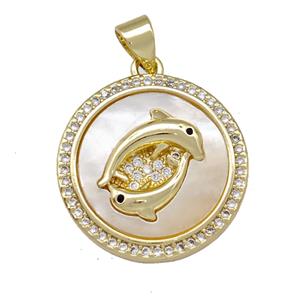 Dolphin Charms Copper Circle Pendant Pave Shell Zirconia 18K Gold Plated, approx 20mm [FN42124]