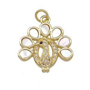 Copper Peafowl Charms Pendant Pave Shell Zirconia 18K Gold Plated, approx 18-19mm [FN42126]