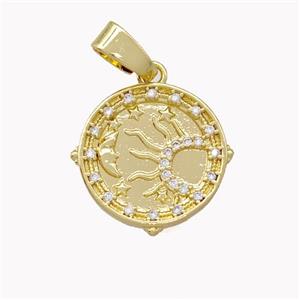 Copper Circle Pendant Micro Pave Zirconia Sun Moon Gold Plated, approx 15mm [FN42141]