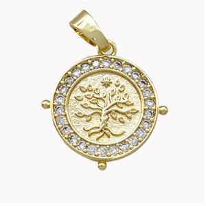 Copper Circle Pendant Pave Zirconia Tree Gold Plated, approx 16mm [FN42146]