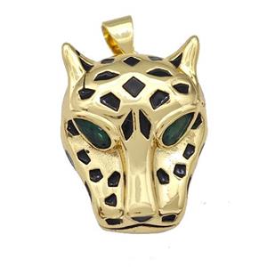 Copper Leopard Pendant Pave Zirconia Black Enamel Gold Plated, approx 16-20mm [FN42170]