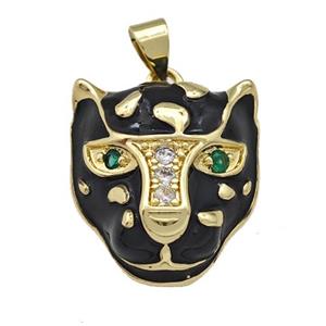 Copper Leopard Pendant Pave Zirconia Black Enamel Gold Plated, approx 18-19mm [FN42173]