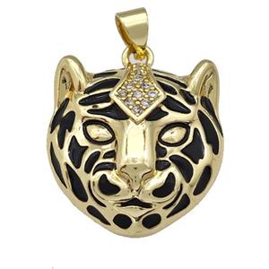 Copper Tiger Pendant Pave Zirconia Black Enamel Gold Plated, approx 20mm [FN42174]