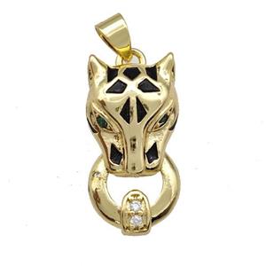 Copper Leopard Pendant Pave Zirconia Black Enamel Gold Plated, approx 11-20mm [FN42177]