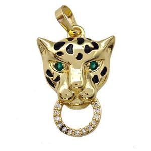 Copper Leopard Pendant Pave Zirconia Black Enamel Gold Plated, approx 16-20mm [FN42178]