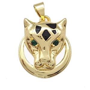 Copper Leopard Pendant Pave Zirconia Black Enamel Gold Plated, approx 18-19mm [FN42179]