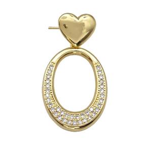 Copper Oval Stud Earrings Pave Zirconia Heart Gold Plated, approx 13mm, 22-30mm [FN42204]