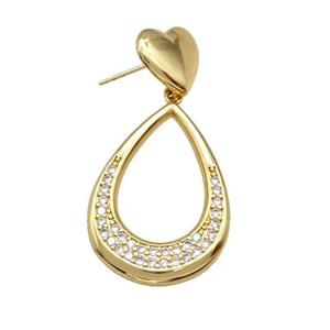 Copper Teardrop Stud Earrings Pave Zirconia Heart Gold Plated, approx 13mm, 21-30mm [FN42206]