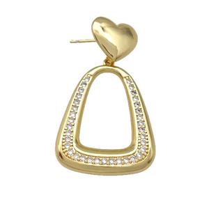 Copper Teardrop Stud Earrings Pave Zirconia Heart Gold Plated, approx 13mm, 24-30mm [FN42210]