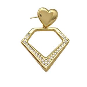 Copper Diamond Stud Earrings Pave Zirconia Heart Gold Plated, approx 13mm, 27-30mm [FN42214]