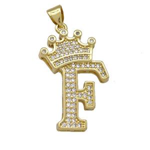 Copper Letter-F Pendant Micro Pave Zirconia Crown Gold Plated, approx 18-25mm [FN42225]