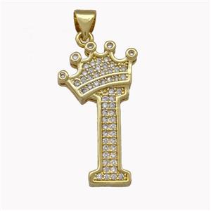 Copper Letter-I Pendant Micro Pave Zirconia Crown Gold Plated, approx 14-25mm [FN42228]