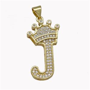 Copper Letter-J Pendant Micro Pave Zirconia Crown Gold Plated, approx 18-25mm [FN42229]