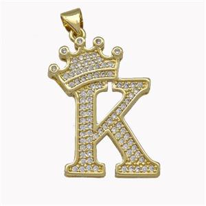 Copper Letter-K Pendant Micro Pave Zirconia Crown Gold Plated, approx 18-25mm [FN42230]