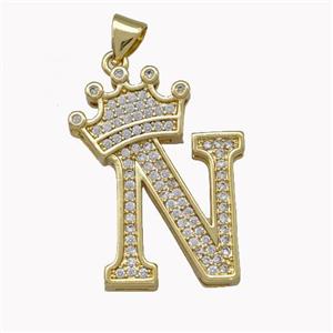 Copper Letter-N Pendant Micro Pave Zirconia Crown Gold Plated, approx 18-25mm [FN42233]