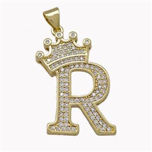 Copper Letter-R Pendant Micro Pave Zirconia Crown Gold Plated, approx 18-25mm [FN42237]