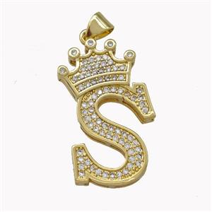 Copper Letter-S Pendant Micro Pave Zirconia Crown Gold Plated, approx 18-25mm [FN42238]