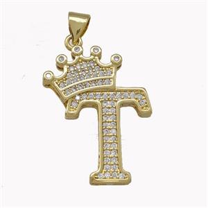 Copper Letter-T Pendant Micro Pave Zirconia Crown Gold Plated, approx 18-25mm [FN42239]