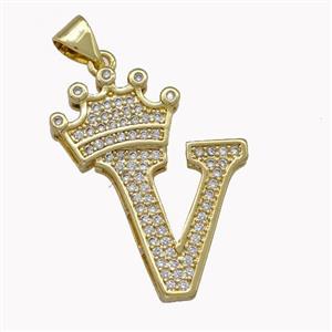 Copper Letter-V Pendant Micro Pave Zirconia Crown Gold Plated, approx 18-25mm [FN42241]