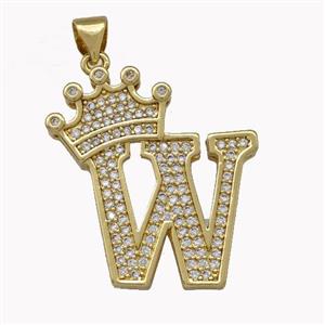 Copper Letter-W Pendant Micro Pave Zirconia Crown Gold Plated, approx 18-25mm [FN42242]