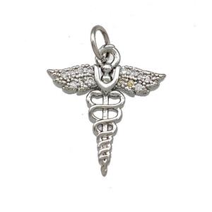 Copper Caduceus Charms Pendant Pave Zirconia Platinum Plated, approx 15-16mm [FN42266]