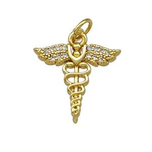 Copper Caduceus Charms Pendant Pave Zirconia Gold Plated, approx 15-16mm [FN42267]