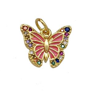 Copper Butterfly Pendant Pave Zirconia Pink Painted Gold Plated, approx 10-13mm [FN42276]
