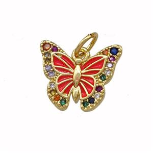 Copper Butterfly Pendant Pave Zirconia Red Painted Gold Plated, approx 10-13mm [FN42277]
