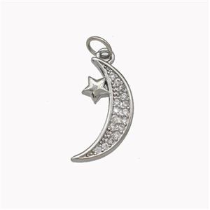 Copper Moon Pendant Pave Zirconia Star Platinum Plated, approx 9-18mm [FN42308]
