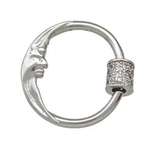 Copper Carabiner Clasp Pave Zircon Moon Platinum Plated, approx 21mm [FN42323]