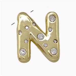 Copper Pendant Pave Zirconia Letter-N Gold Plated, approx 11-18mm [FN42454]