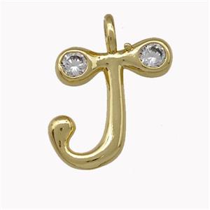 Copper Pendant Pave Zirconia Letter-J Gold Plated, approx 11-18mm [FN42477]