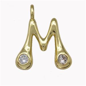 Copper Pendant Pave Zirconia Letter-M Gold Plated, approx 11-18mm [FN42480]